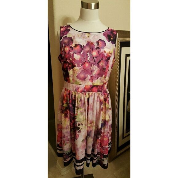 LIZ CLAIBORNE POLYESTER MULTI-COLOR FLORAL SLEEVELESS KNEE-LENGTH DRESS - Sz 10 - Picture 1 of 5
